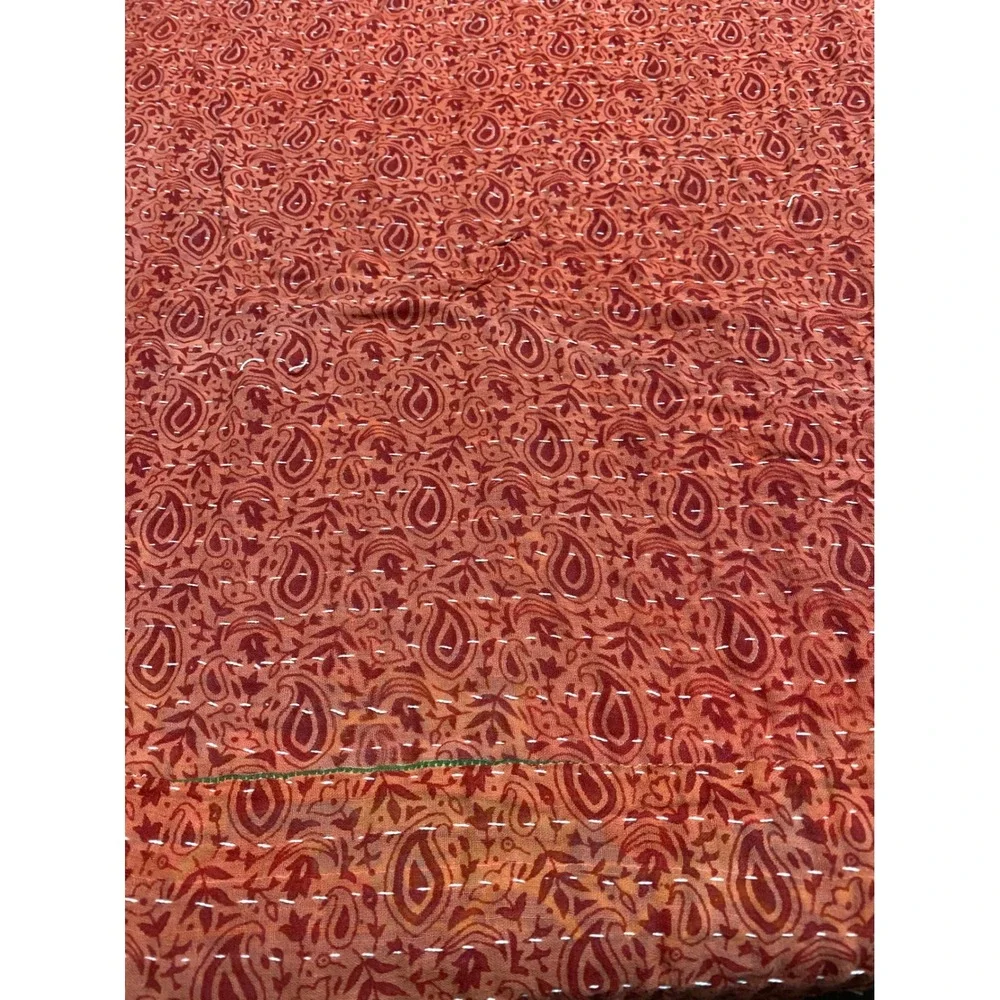 Handstitched Kantha Quilt Reversible Cotton Throw Peacock Paisley Burgundy Red